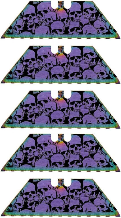 Serrated Steel Blade Replacement for Berkling Utility Knife, Custom Double Sided Laser Engraved Designs, Rainbow - Skull - 5 Pack