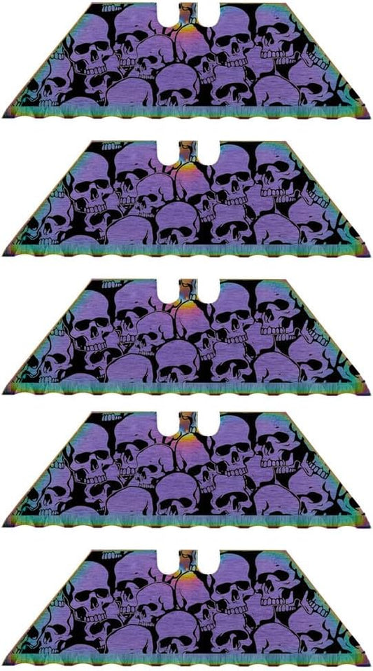 Serrated Steel Blade Replacement for Berkling Utility Knife, Custom Double Sided Laser Engraved Designs, Rainbow - Skull - 5 Pack