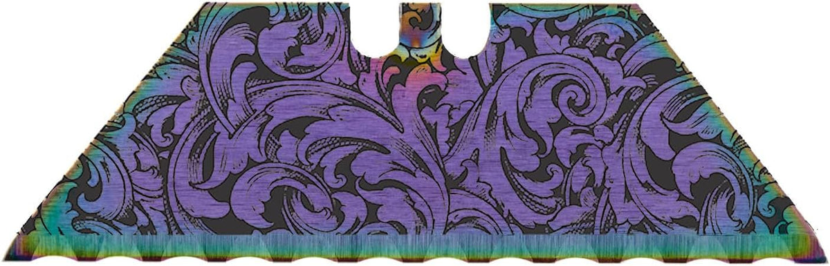 Serrated Steel Blade Replacement for Berkling Utility Knife, Custom Double Sided Laser Engraved Designs, Rainbow - Skull - 5 Pack