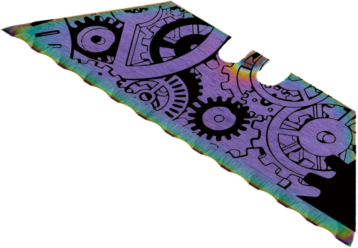 Serrated Steel Blade Replacement for Berkling Utility Knife, Custom Double Sided Laser Engraved Designs, Rainbow - Skull - 5 Pack