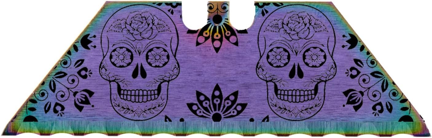 Serrated Steel Blade Replacement for Berkling Utility Knife, Custom Double Sided Laser Engraved Designs, Rainbow - Skull - 5 Pack