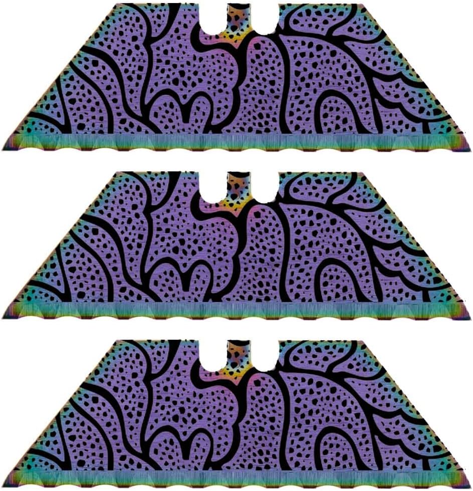Serrated Steel Blade Replacement for Berkling Utility Knife, Custom Double Sided Laser Engraved Designs, Rainbow - Skull - 5 Pack