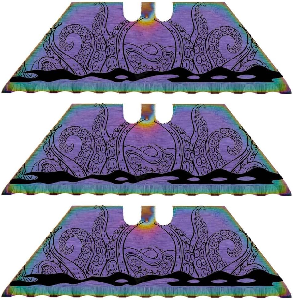 Serrated Steel Blade Replacement for Berkling Utility Knife, Custom Double Sided Laser Engraved Designs, Rainbow - Skull - 5 Pack