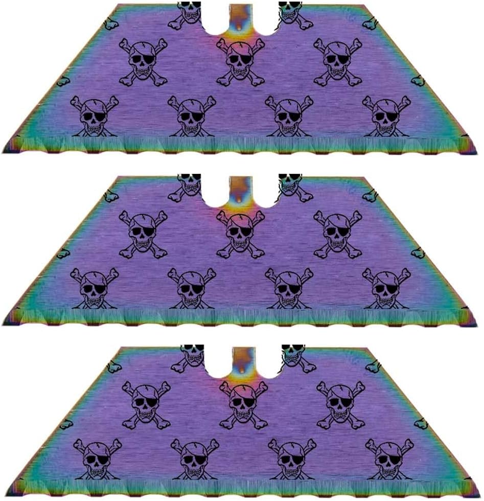 Serrated Steel Blade Replacement for Berkling Utility Knife, Custom Double Sided Laser Engraved Designs, Rainbow - Skull - 5 Pack