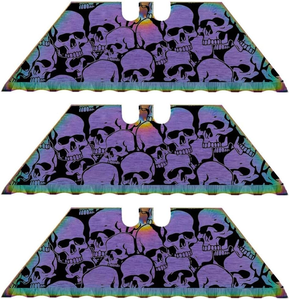 Serrated Steel Blade Replacement for Berkling Utility Knife, Custom Double Sided Laser Engraved Designs, Rainbow - Skull - 5 Pack