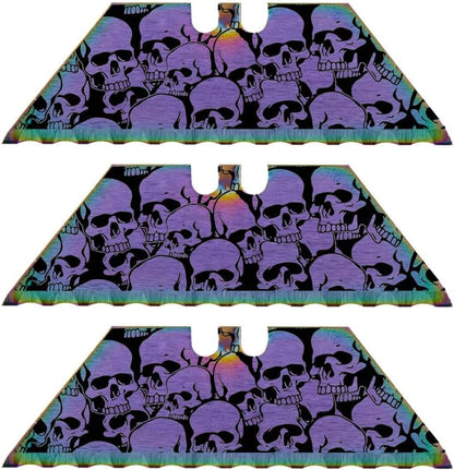 Serrated Steel Blade Replacement for Berkling Utility Knife, Custom Double Sided Laser Engraved Designs, Rainbow - Skull - 5 Pack
