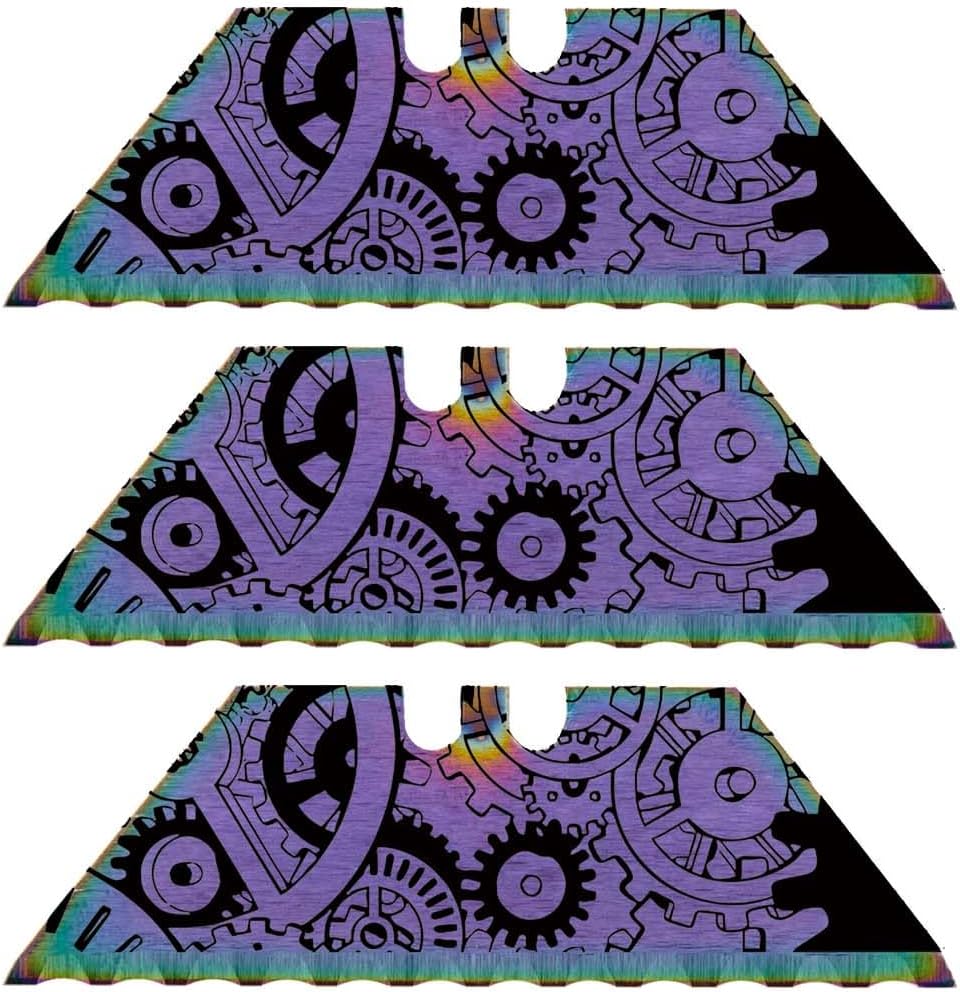 Serrated Steel Blade Replacement for Berkling Utility Knife, Custom Double Sided Laser Engraved Designs, Rainbow - Skull - 5 Pack