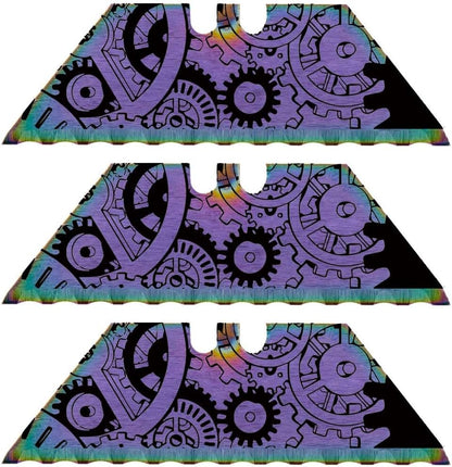 Serrated Steel Blade Replacement for Berkling Utility Knife, Custom Double Sided Laser Engraved Designs, Rainbow - Skull - 5 Pack