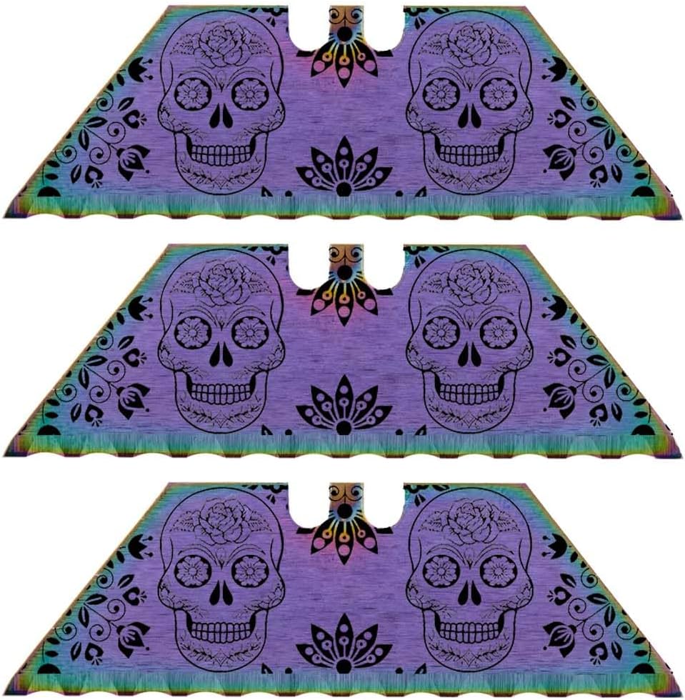 Serrated Steel Blade Replacement for Berkling Utility Knife, Custom Double Sided Laser Engraved Designs, Rainbow - Skull - 5 Pack