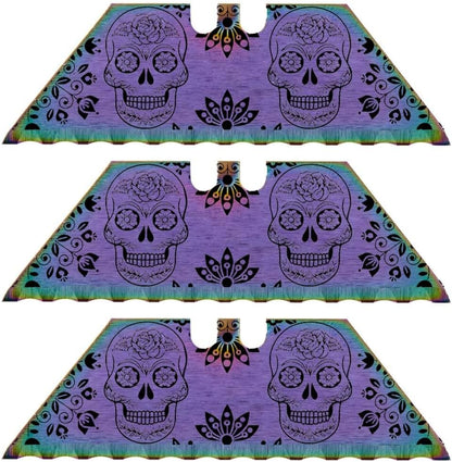 Serrated Steel Blade Replacement for Berkling Utility Knife, Custom Double Sided Laser Engraved Designs, Rainbow - Skull - 5 Pack