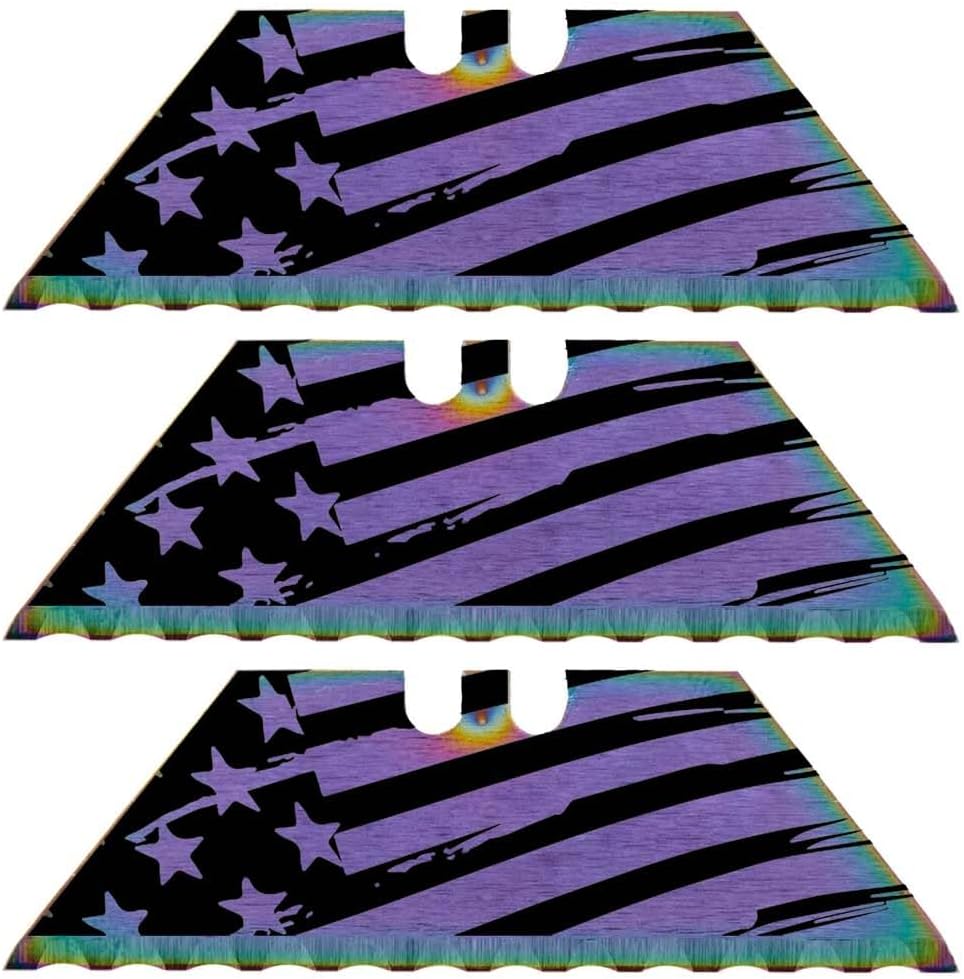 Serrated Steel Blade Replacement for Berkling Utility Knife, Custom Double Sided Laser Engraved Designs, Rainbow - Skull - 5 Pack