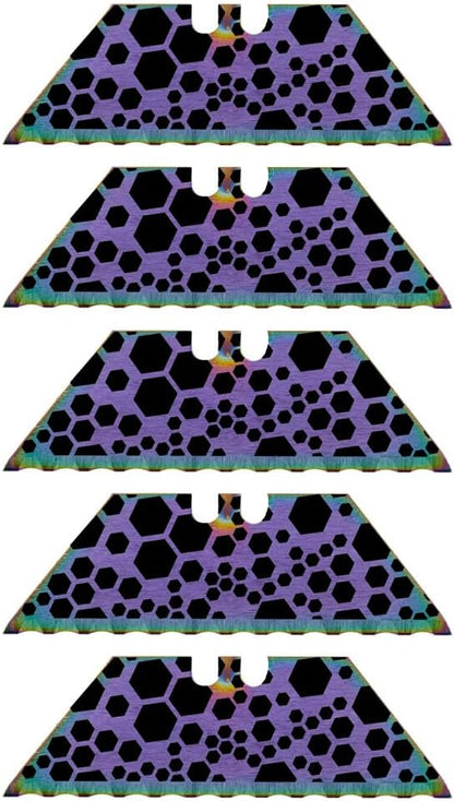 Serrated Steel Blade Replacement for Berkling Utility Knife, Custom Double Sided Laser Engraved Designs, Rainbow - Skull - 5 Pack