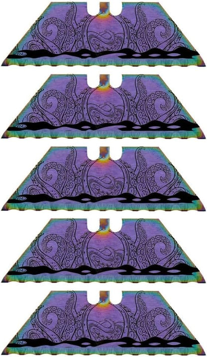 Serrated Steel Blade Replacement for Berkling Utility Knife, Custom Double Sided Laser Engraved Designs, Rainbow - Skull - 5 Pack