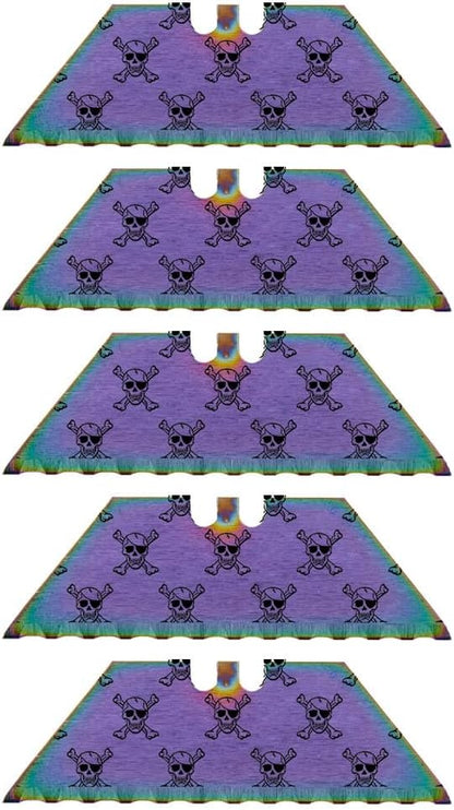 Serrated Steel Blade Replacement for Berkling Utility Knife, Custom Double Sided Laser Engraved Designs, Rainbow - Skull - 5 Pack