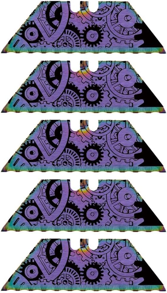 Serrated Steel Blade Replacement for Berkling Utility Knife, Custom Double Sided Laser Engraved Designs, Rainbow - Skull - 5 Pack