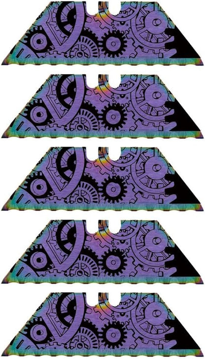Serrated Steel Blade Replacement for Berkling Utility Knife, Custom Double Sided Laser Engraved Designs, Rainbow - Skull - 5 Pack