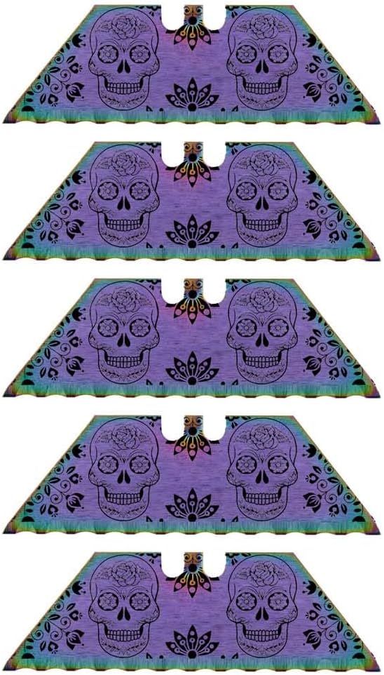 Serrated Steel Blade Replacement for Berkling Utility Knife, Custom Double Sided Laser Engraved Designs, Rainbow - Skull - 5 Pack