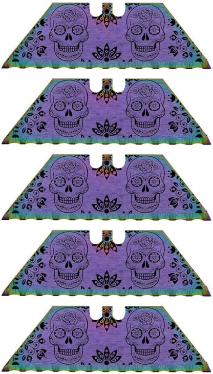 Serrated Steel Blade Replacement for Berkling Utility Knife, Custom Double Sided Laser Engraved Designs, Rainbow - Skull - 5 Pack