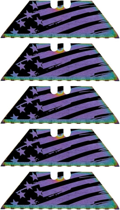 Serrated Steel Blade Replacement for Berkling Utility Knife, Custom Double Sided Laser Engraved Designs, Rainbow - Skull - 5 Pack