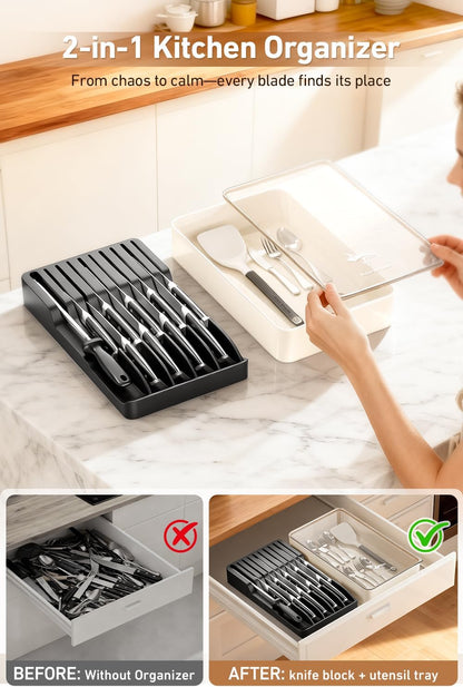2-in-1 Detachable Knife Block & Silverware Organizer | Drawer Knife Holder for 10 Knives, Blade-Safe Slots, Save Counter Space, Kitchen Drawer or Counter Storage, No Knives