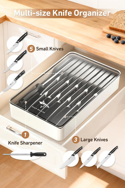 2-in-1 Detachable Knife Block & Silverware Organizer | Drawer Knife Holder for 10 Knives, Blade-Safe Slots, Save Counter Space, Kitchen Drawer or Counter Storage, No Knives