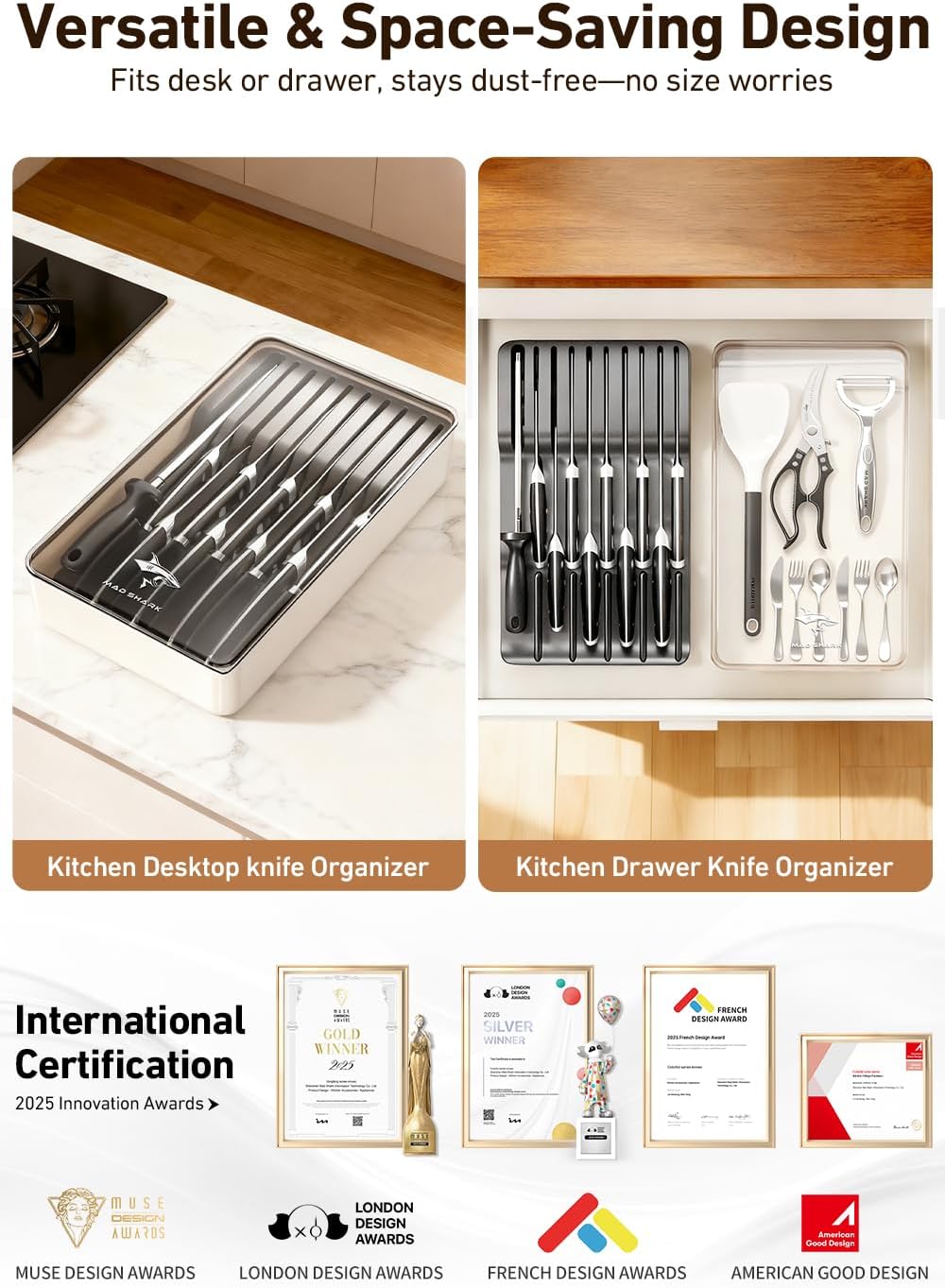 2-in-1 Detachable Knife Block & Silverware Organizer | Drawer Knife Holder for 10 Knives, Blade-Safe Slots, Save Counter Space, Kitchen Drawer or Counter Storage, No Knives