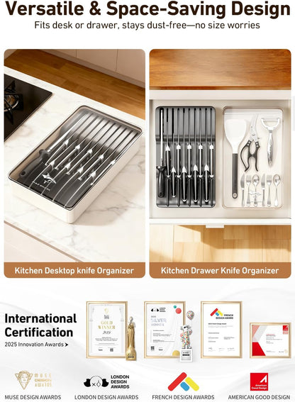2-in-1 Detachable Knife Block & Silverware Organizer | Drawer Knife Holder for 10 Knives, Blade-Safe Slots, Save Counter Space, Kitchen Drawer or Counter Storage, No Knives