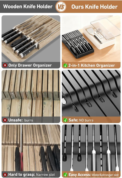 2-in-1 Detachable Knife Block & Silverware Organizer | Drawer Knife Holder for 10 Knives, Blade-Safe Slots, Save Counter Space, Kitchen Drawer or Counter Storage, No Knives