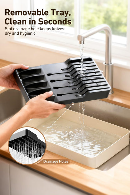 2-in-1 Detachable Knife Block & Silverware Organizer | Drawer Knife Holder for 10 Knives, Blade-Safe Slots, Save Counter Space, Kitchen Drawer or Counter Storage, No Knives