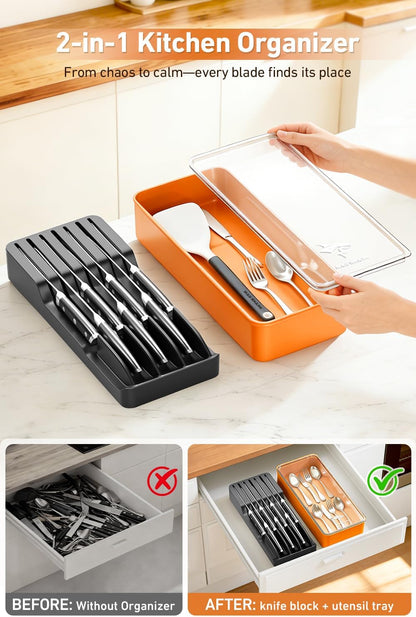 2-in-1 Detachable Knife Block & Silverware Organizer | Drawer Knife Holder for 10 Knives, Blade-Safe Slots, Save Counter Space, Kitchen Drawer or Counter Storage, No Knives