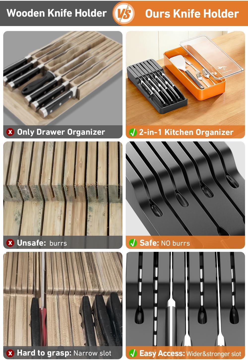 2-in-1 Detachable Knife Block & Silverware Organizer | Drawer Knife Holder for 10 Knives, Blade-Safe Slots, Save Counter Space, Kitchen Drawer or Counter Storage, No Knives