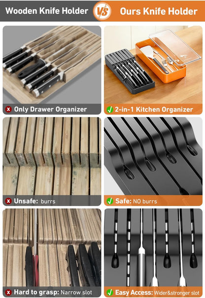 2-in-1 Detachable Knife Block & Silverware Organizer | Drawer Knife Holder for 10 Knives, Blade-Safe Slots, Save Counter Space, Kitchen Drawer or Counter Storage, No Knives