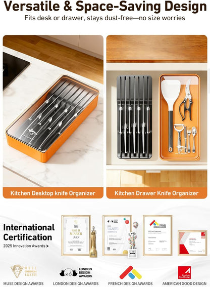 2-in-1 Detachable Knife Block & Silverware Organizer | Drawer Knife Holder for 10 Knives, Blade-Safe Slots, Save Counter Space, Kitchen Drawer or Counter Storage, No Knives