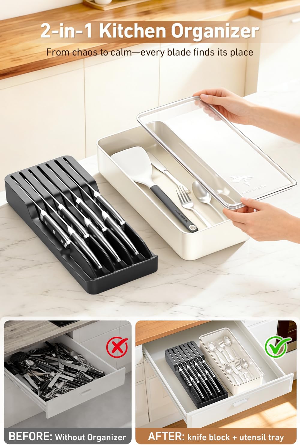 2-in-1 Detachable Knife Block & Silverware Organizer | Drawer Knife Holder for 10 Knives, Blade-Safe Slots, Save Counter Space, Kitchen Drawer or Counter Storage, No Knives