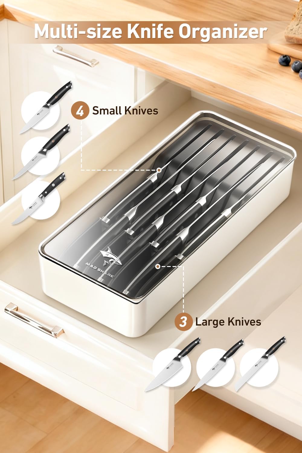 2-in-1 Detachable Knife Block & Silverware Organizer | Drawer Knife Holder for 10 Knives, Blade-Safe Slots, Save Counter Space, Kitchen Drawer or Counter Storage, No Knives