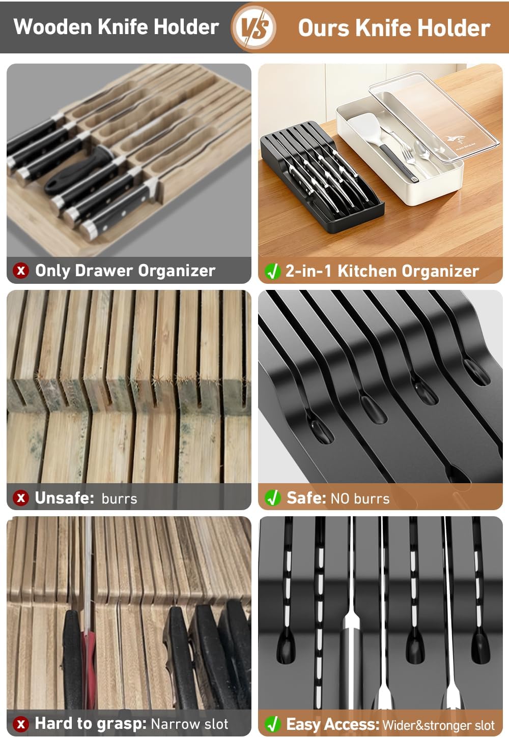 2-in-1 Detachable Knife Block & Silverware Organizer | Drawer Knife Holder for 10 Knives, Blade-Safe Slots, Save Counter Space, Kitchen Drawer or Counter Storage, No Knives
