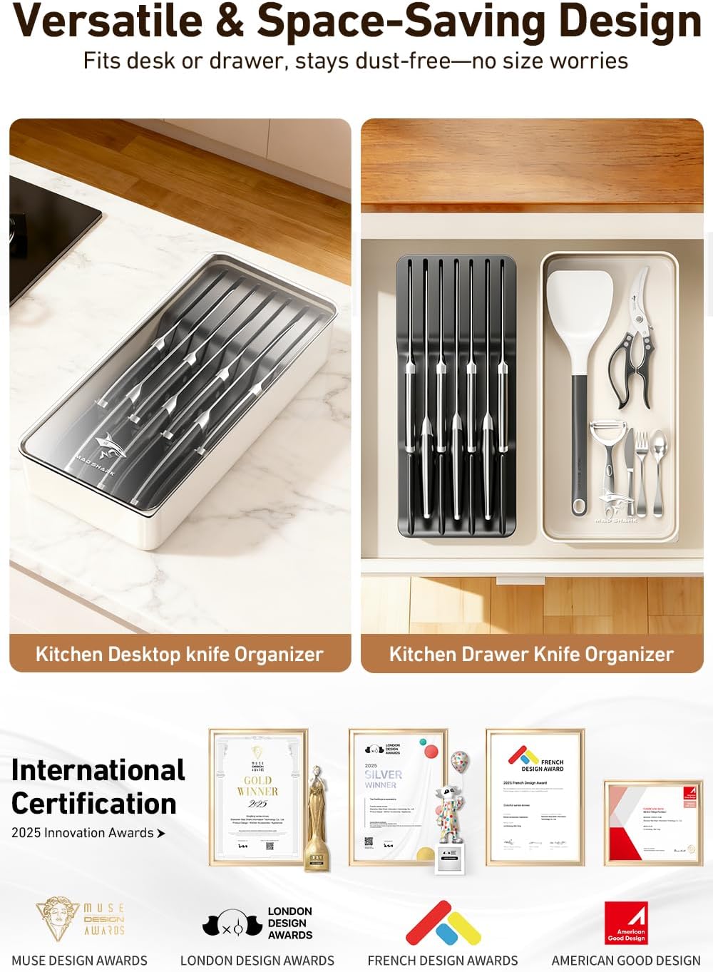 2-in-1 Detachable Knife Block & Silverware Organizer | Drawer Knife Holder for 10 Knives, Blade-Safe Slots, Save Counter Space, Kitchen Drawer or Counter Storage, No Knives