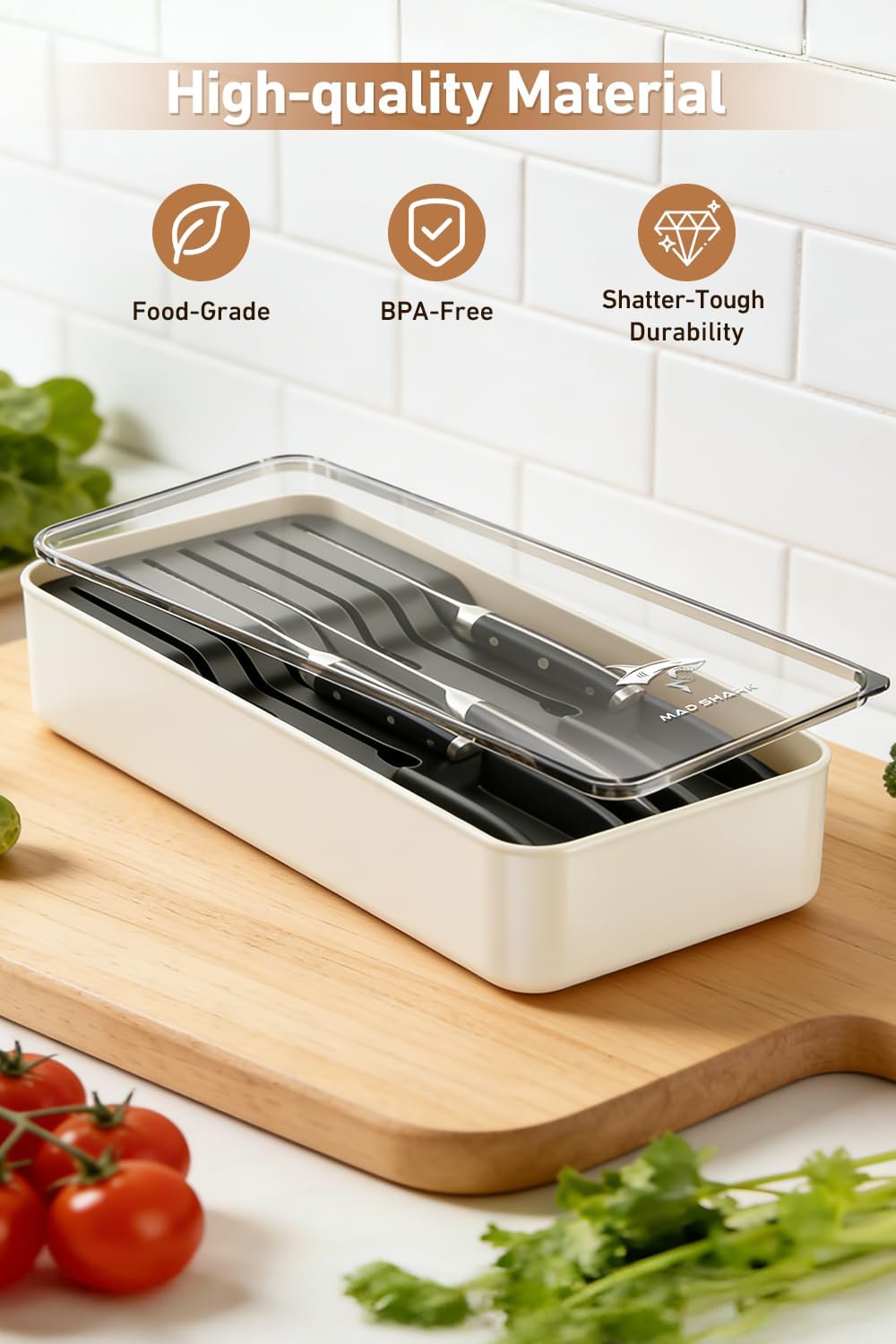 2-in-1 Detachable Knife Block & Silverware Organizer | Drawer Knife Holder for 10 Knives, Blade-Safe Slots, Save Counter Space, Kitchen Drawer or Counter Storage, No Knives