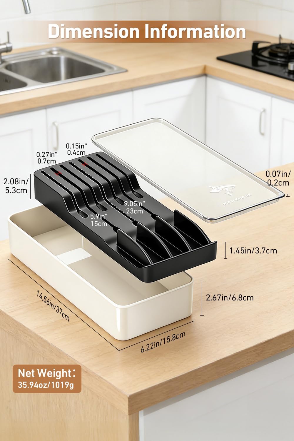 2-in-1 Detachable Knife Block & Silverware Organizer | Drawer Knife Holder for 10 Knives, Blade-Safe Slots, Save Counter Space, Kitchen Drawer or Counter Storage, No Knives