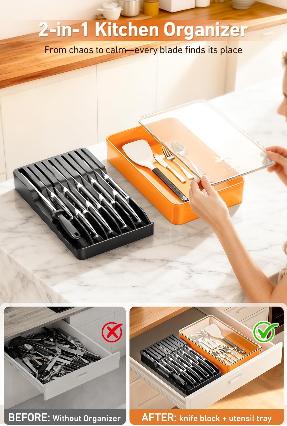 2-in-1 Detachable Knife Block & Silverware Organizer | Drawer Knife Holder for 10 Knives, Blade-Safe Slots, Save Counter Space, Kitchen Drawer or Counter Storage, No Knives