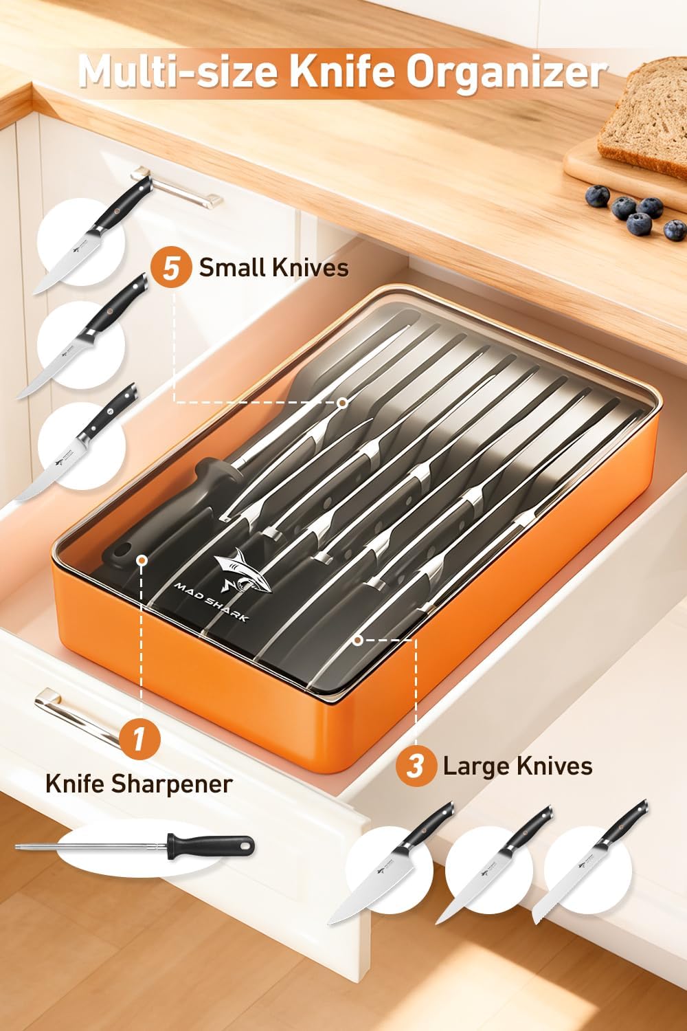 2-in-1 Detachable Knife Block & Silverware Organizer | Drawer Knife Holder for 10 Knives, Blade-Safe Slots, Save Counter Space, Kitchen Drawer or Counter Storage, No Knives