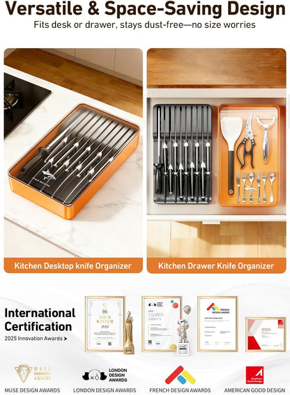 2-in-1 Detachable Knife Block & Silverware Organizer | Drawer Knife Holder for 10 Knives, Blade-Safe Slots, Save Counter Space, Kitchen Drawer or Counter Storage, No Knives