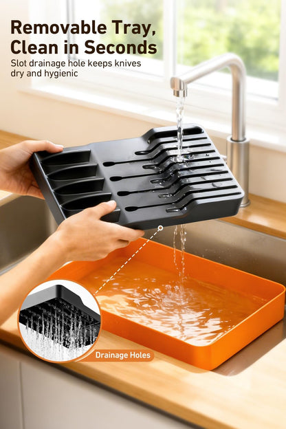 2-in-1 Detachable Knife Block & Silverware Organizer | Drawer Knife Holder for 10 Knives, Blade-Safe Slots, Save Counter Space, Kitchen Drawer or Counter Storage, No Knives