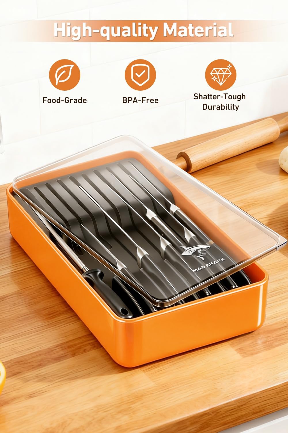 2-in-1 Detachable Knife Block & Silverware Organizer | Drawer Knife Holder for 10 Knives, Blade-Safe Slots, Save Counter Space, Kitchen Drawer or Counter Storage, No Knives