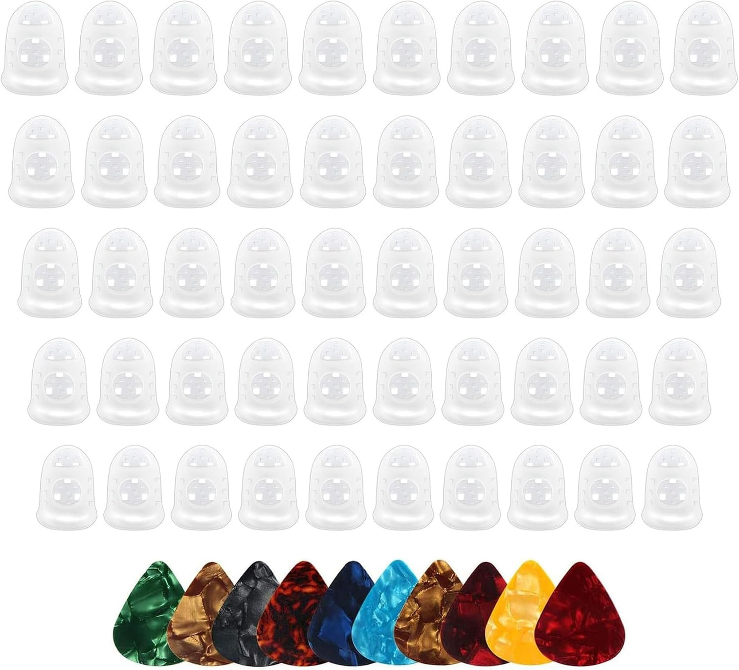 50 Pcs Guitar Silicone Finger Protector,Fingertip Protection Covers Caps in 5 Sizes for Beginner Playing Ukulele Electric Guitar and 10 Guitar Picks