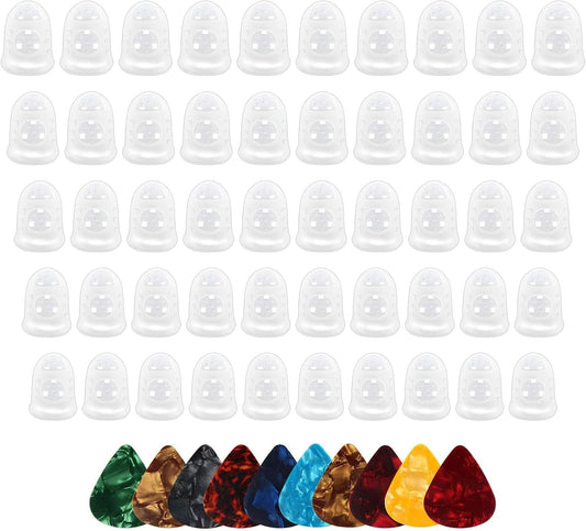 50 Pcs Guitar Silicone Finger Protector,Fingertip Protection Covers Caps in 5 Sizes for Beginner Playing Ukulele Electric Guitar and 10 Guitar Picks