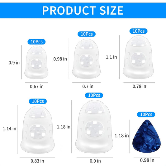 50 Pcs Guitar Silicone Finger Protector,Fingertip Protection Covers Caps in 5 Sizes for Beginner Playing Ukulele Electric Guitar and 10 Guitar Picks