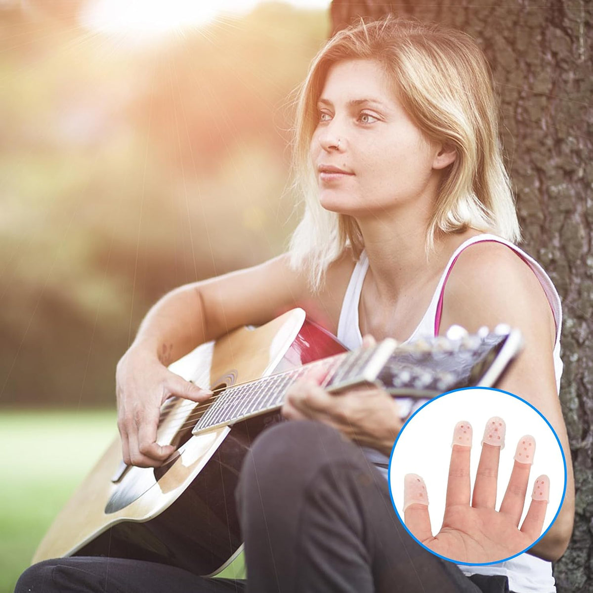 50 Pcs Guitar Silicone Finger Protector,Fingertip Protection Covers Caps in 5 Sizes for Beginner Playing Ukulele Electric Guitar and 10 Guitar Picks