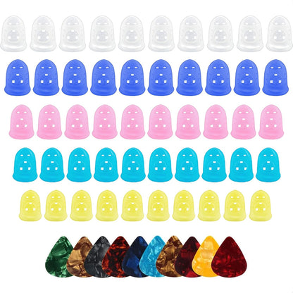 50 Pcs Guitar Silicone Finger Protector,Fingertip Protection Covers Caps in 5 Sizes for Beginner Playing Ukulele Electric Guitar and 10 Guitar Picks