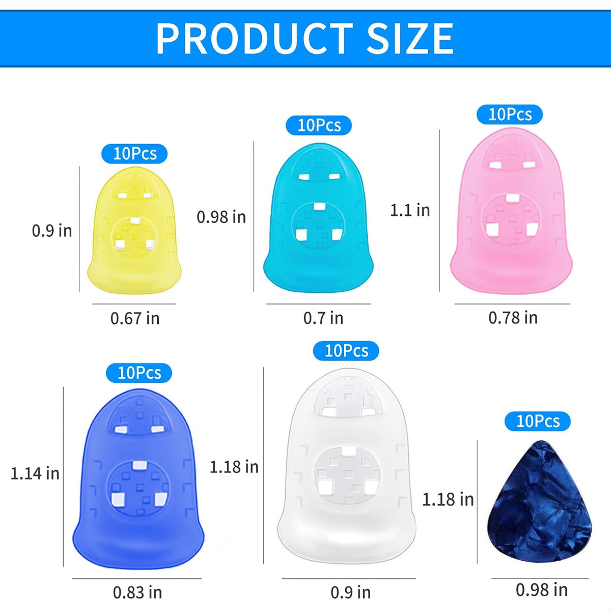 50 Pcs Guitar Silicone Finger Protector,Fingertip Protection Covers Caps in 5 Sizes for Beginner Playing Ukulele Electric Guitar and 10 Guitar Picks